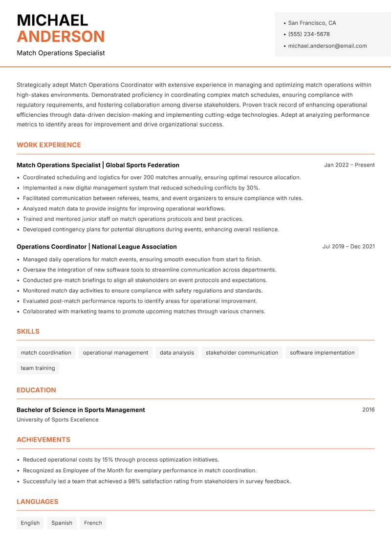 Match Operations Coordinator resume sample — Match Operations Specialist focus