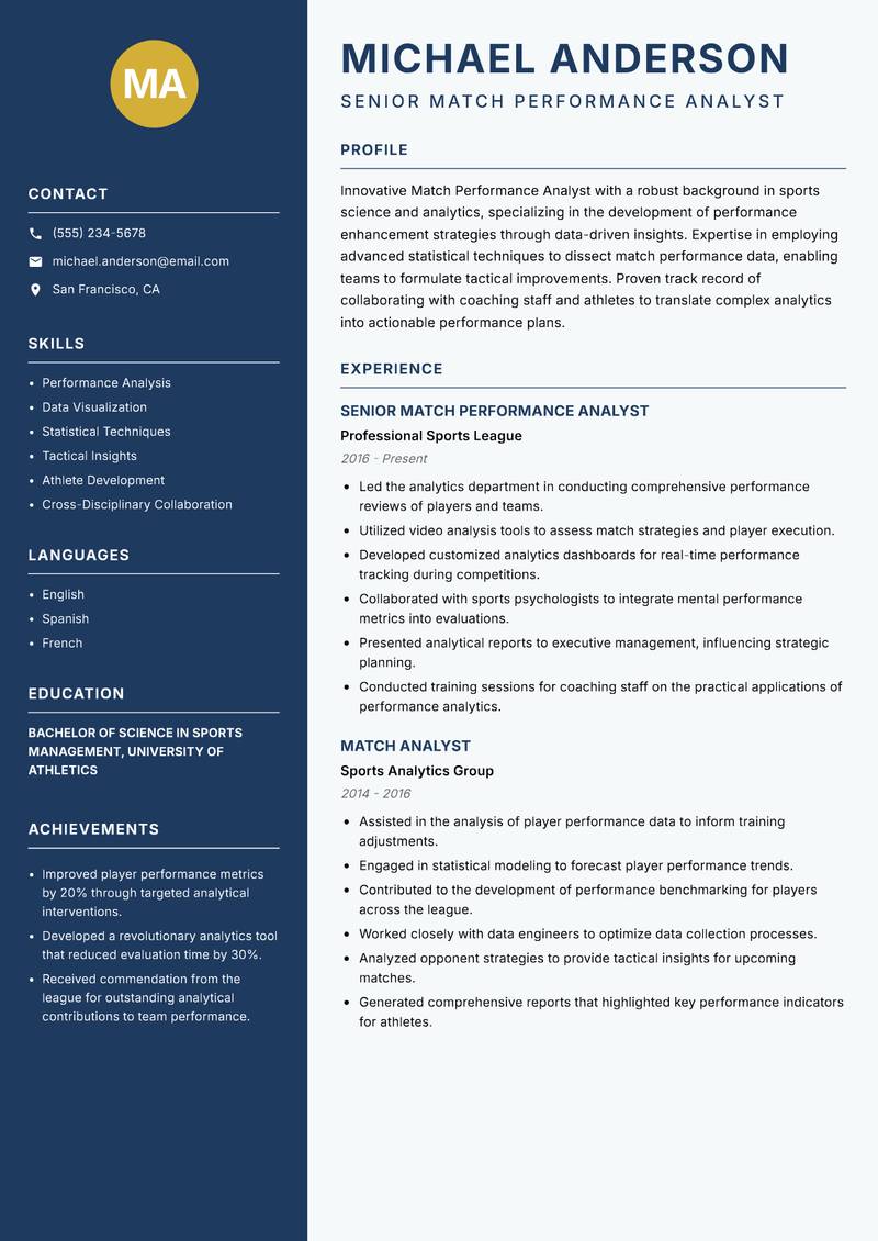 Match Performance Analyst resume sample — Senior Match Performance Analyst focus