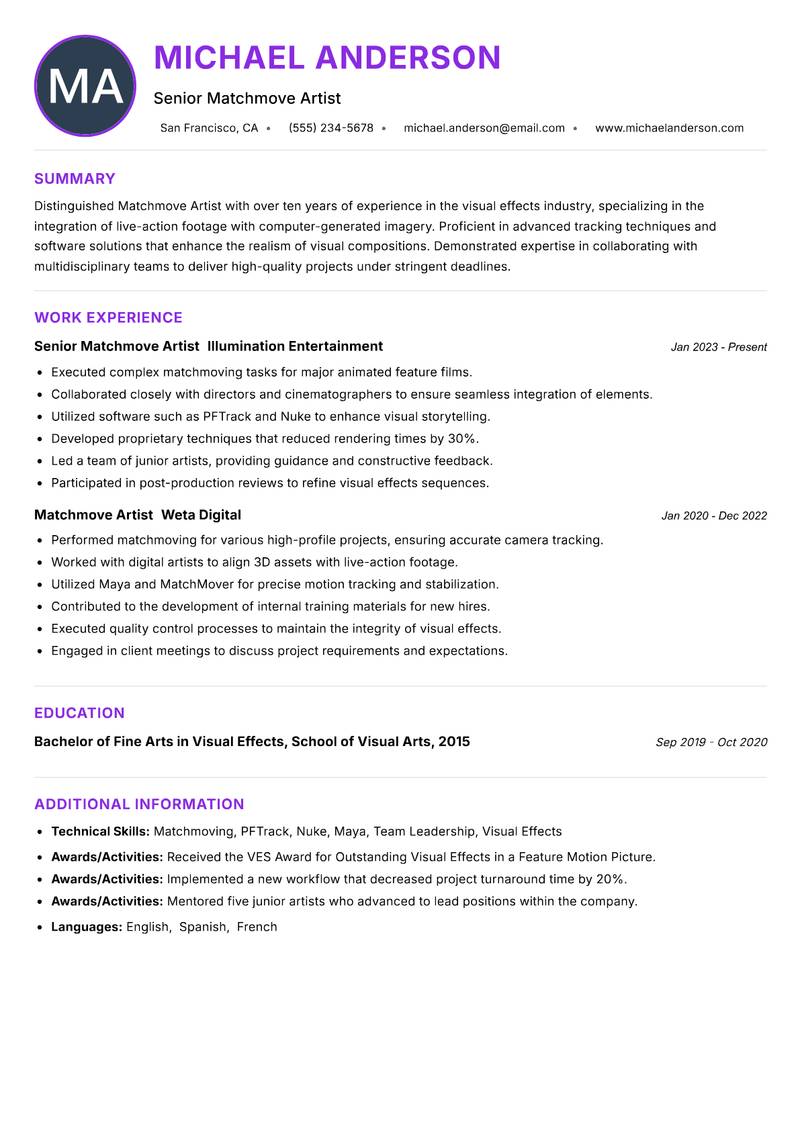 Matchmove Artist resume example