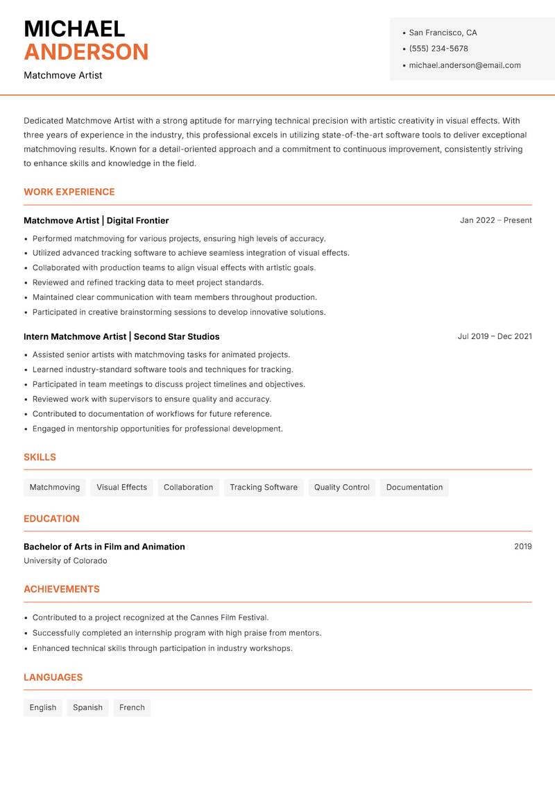 Matchmove Artist resume sample — Matchmove Artist focus