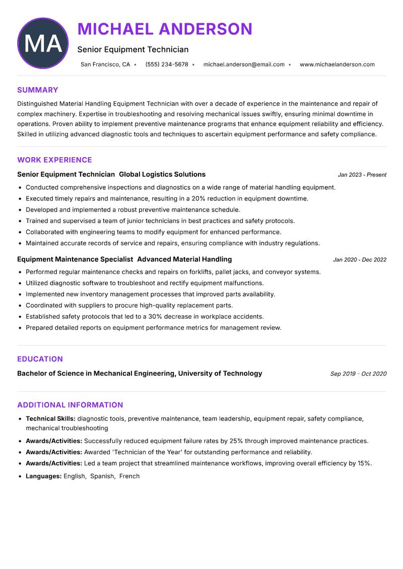 Material Handling Equipment Technician resume example