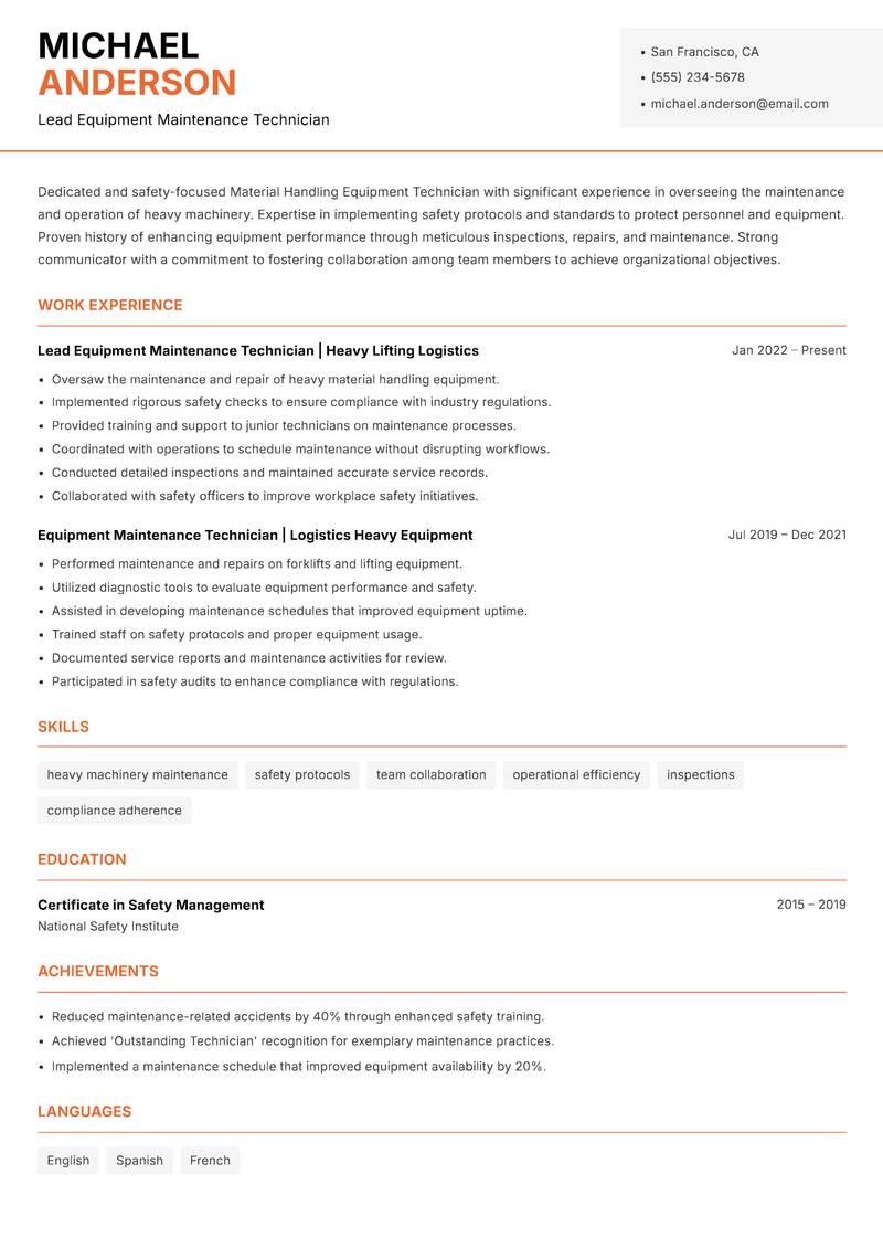 Material Handling Equipment Technician resume sample — Lead Equipment Maintenance Technician focus