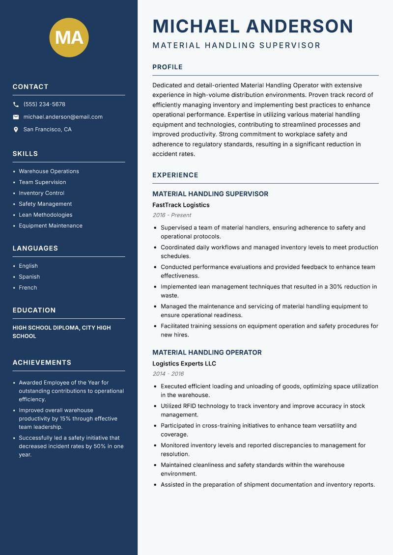 Material Handling Operator resume sample — Material Handling Supervisor focus