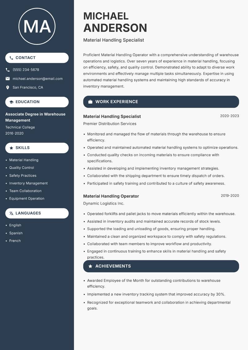 Material Handling Operator resume sample — Material Handling Specialist focus