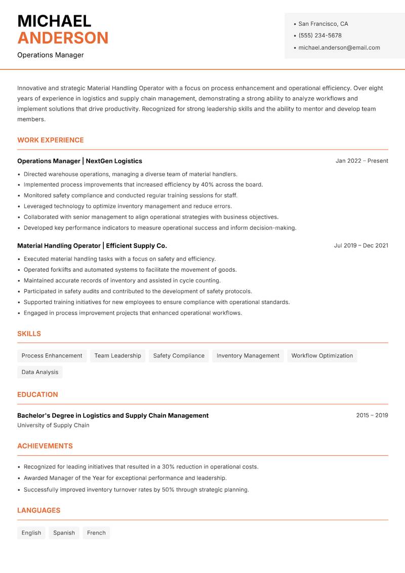 Material Handling Operator resume sample — Operations Manager focus