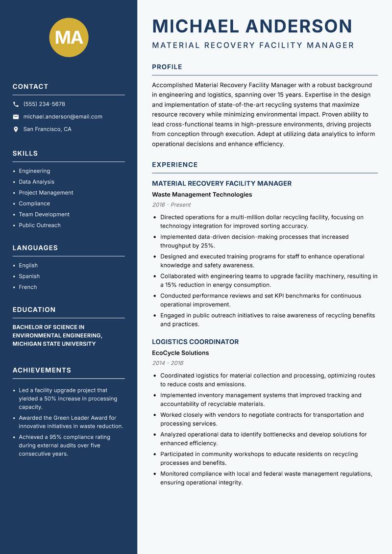 Material Recovery Facility Manager resume sample — Material Recovery Facility Manager focus
