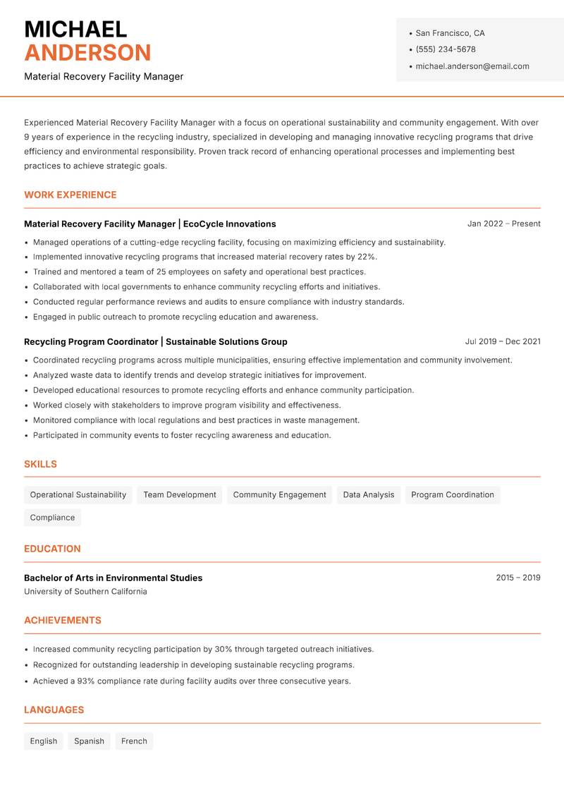 Material Recovery Facility Manager resume sample — Material Recovery Facility Manager focus