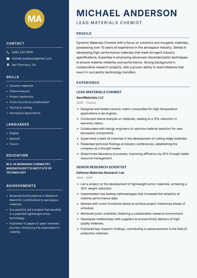 Materials Chemist resume sample — Lead Materials Chemist focus
