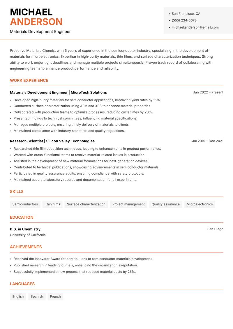 Materials Chemist resume sample — Materials Development Engineer focus