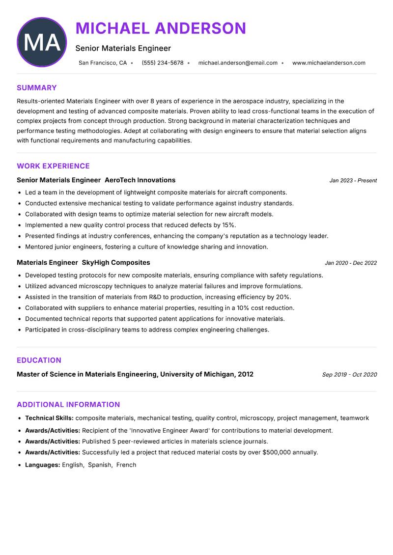 Materials Engineer resume example