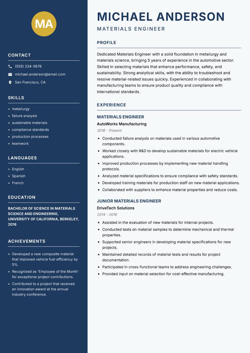 Materials Engineer resume sample — Materials Engineer focus
