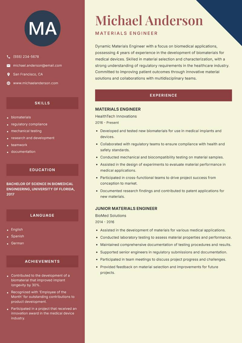 Materials Engineer resume sample — Materials Engineer focus