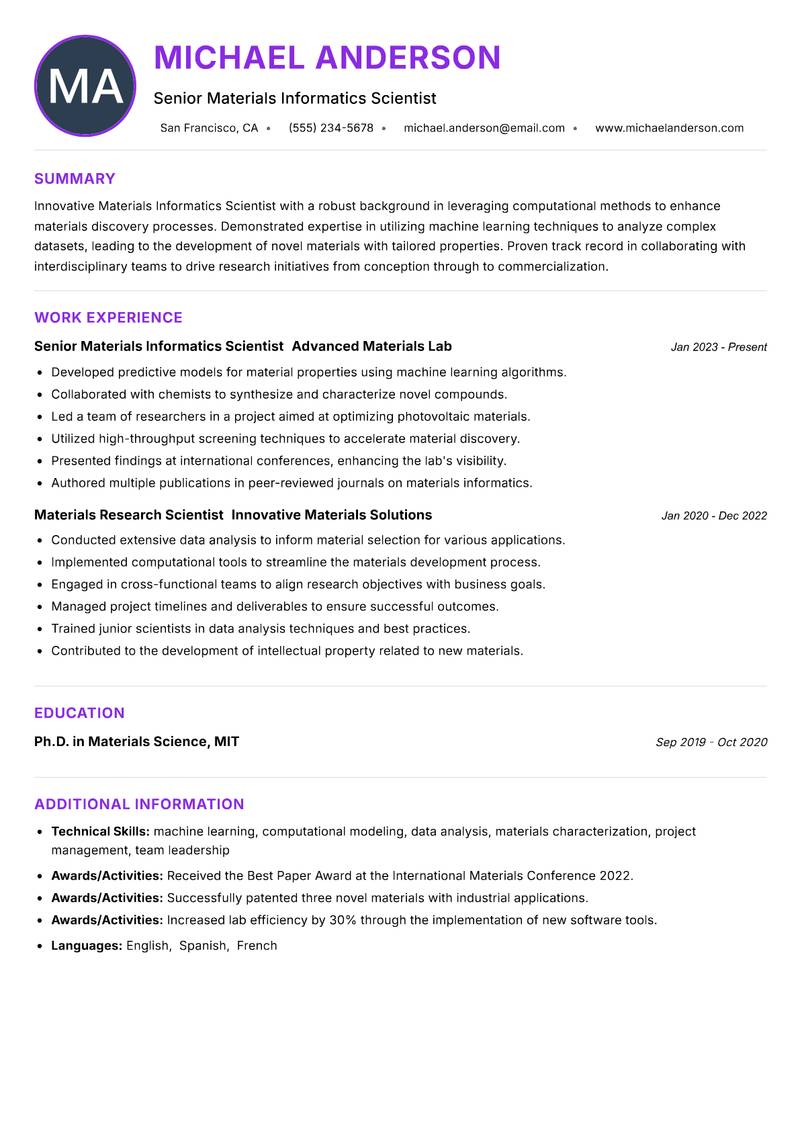 Materials Informatics Scientist resume example