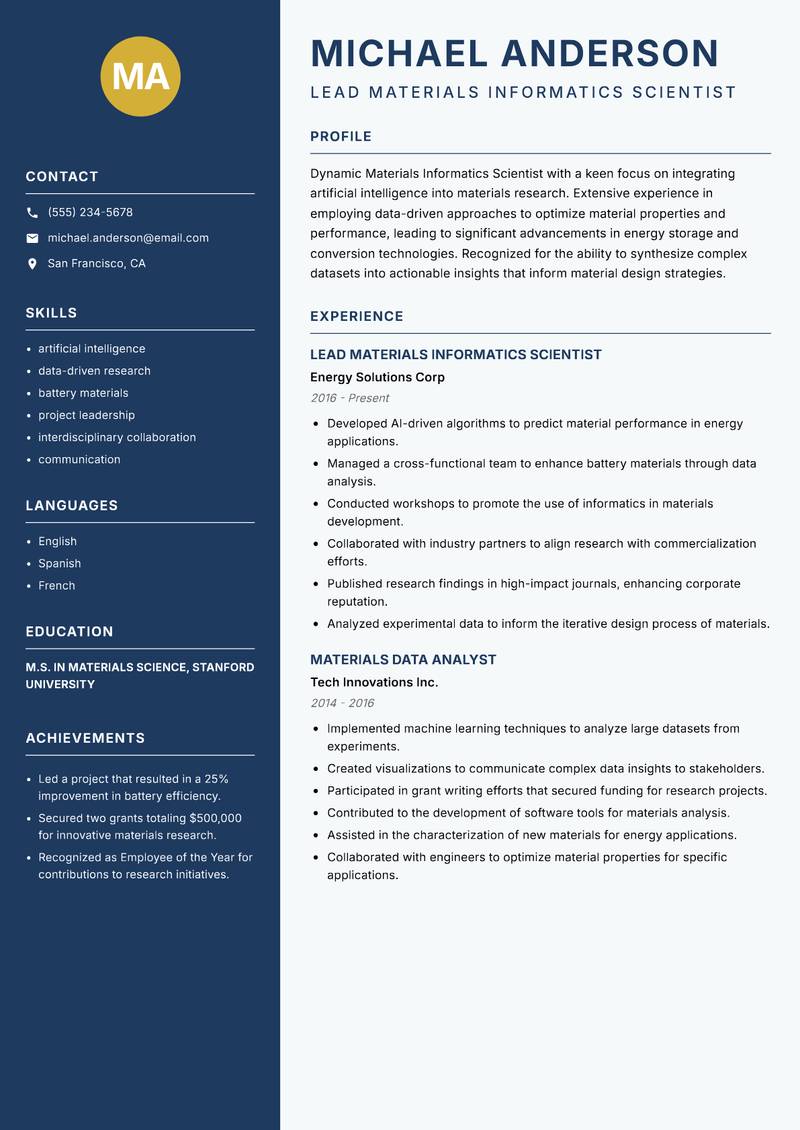 Materials Informatics Scientist resume sample — Lead Materials Informatics Scientist focus