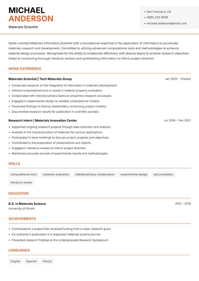 Materials Informatics Scientist resume sample — Materials Scientist focus