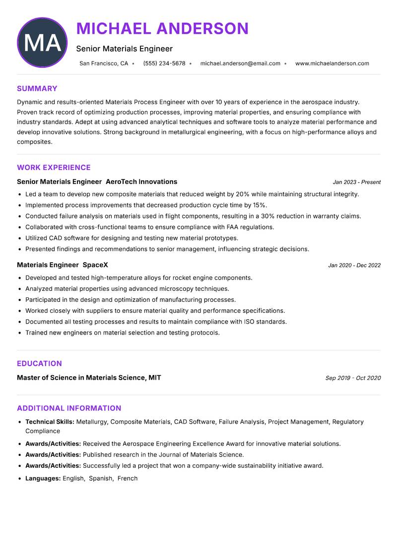 Materials Process Engineer resume example