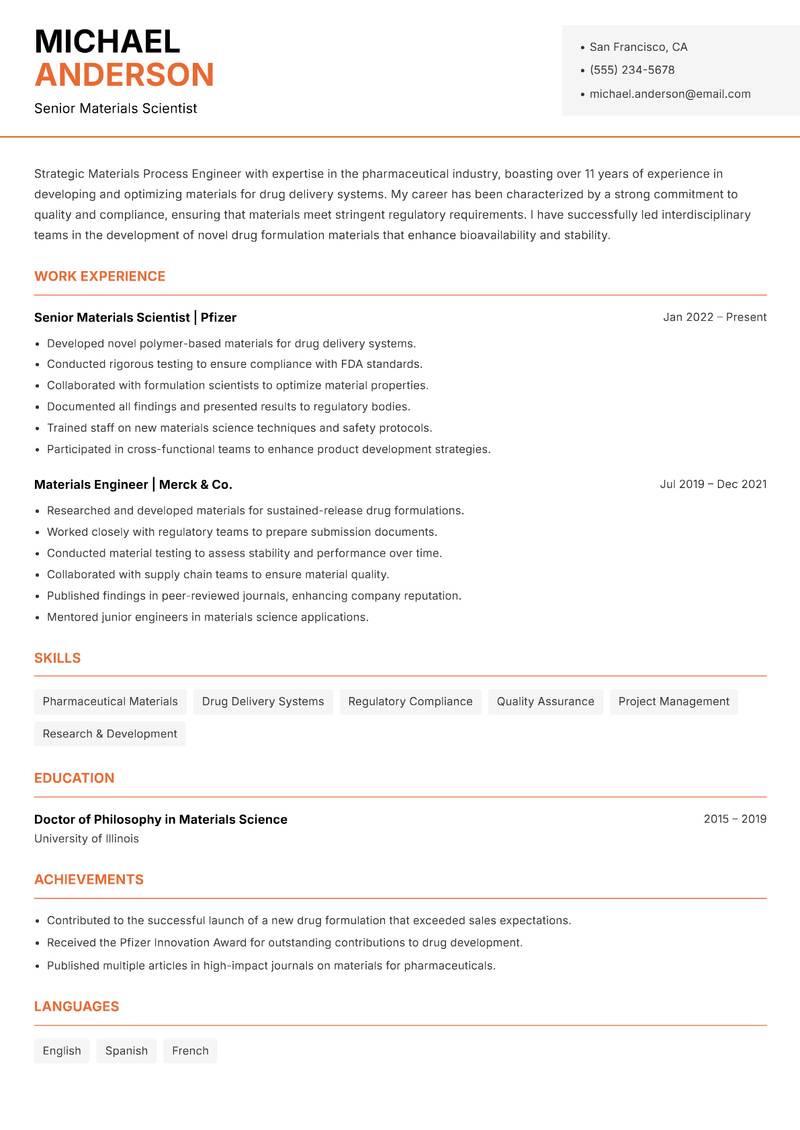 Materials Process Engineer resume sample — Senior Materials Scientist focus