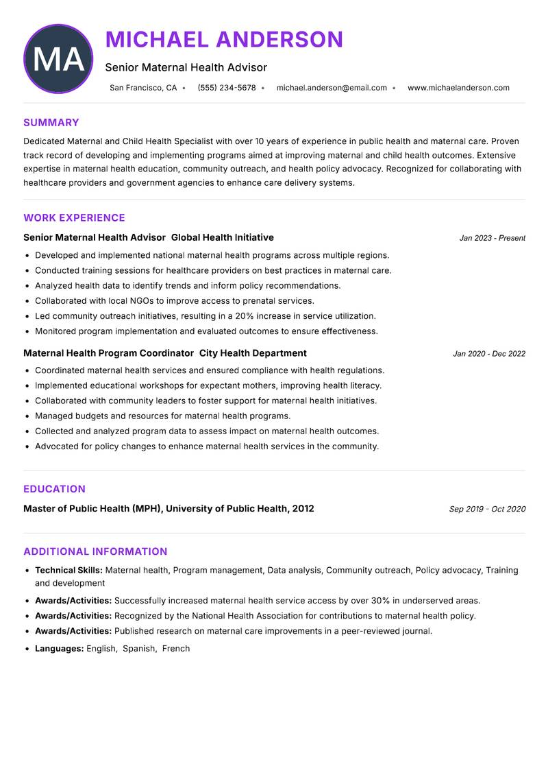 Maternal and Child Health Specialist resume example
