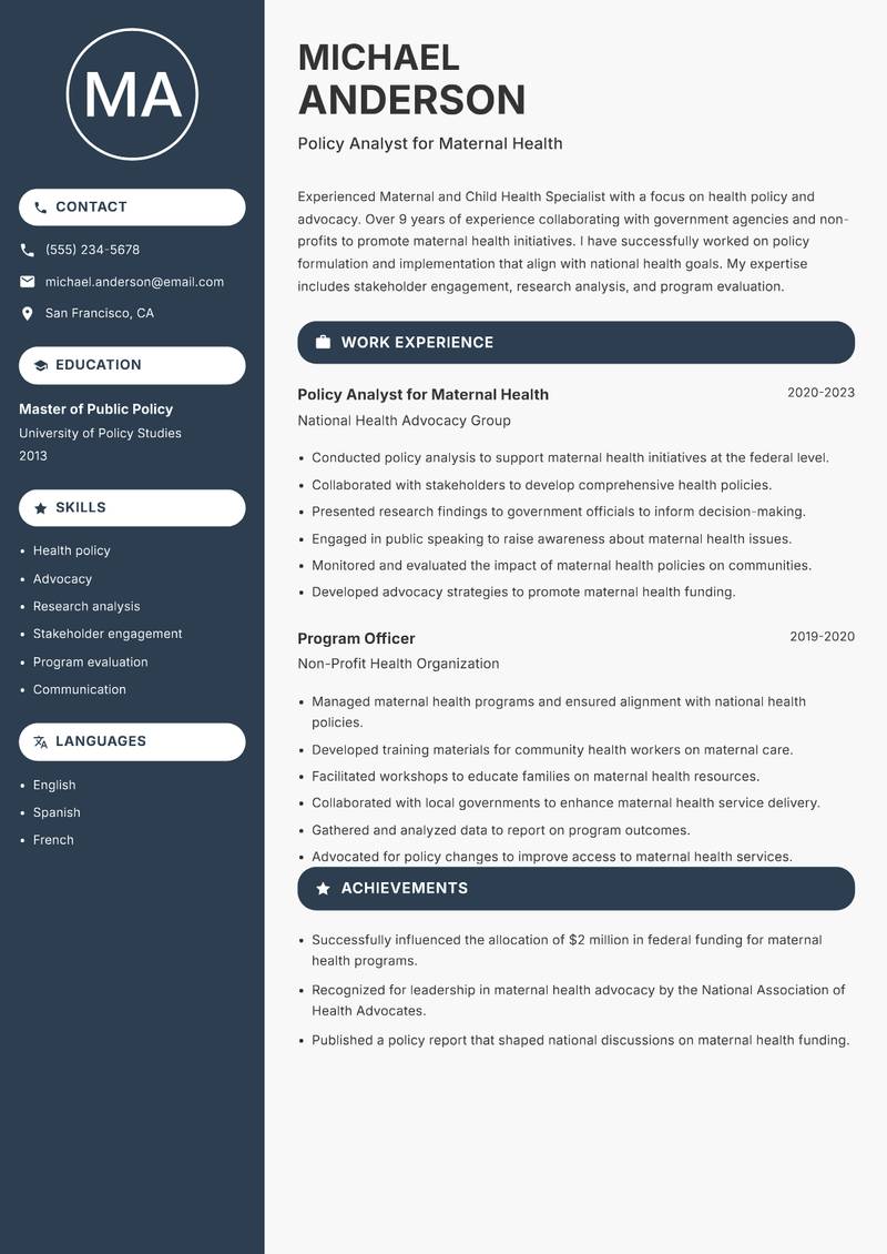 Maternal and Child Health Specialist resume sample — Policy Analyst for Maternal Health focus