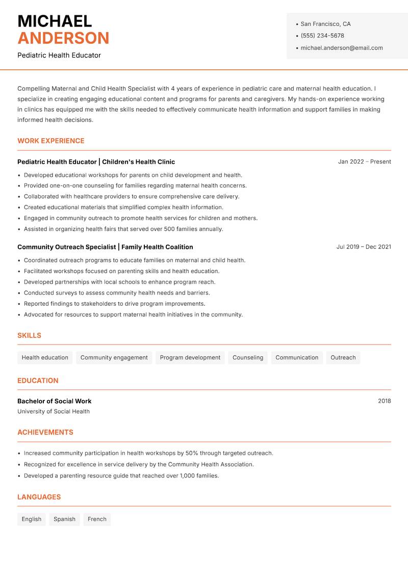 Maternal and Child Health Specialist resume sample — Pediatric Health Educator focus