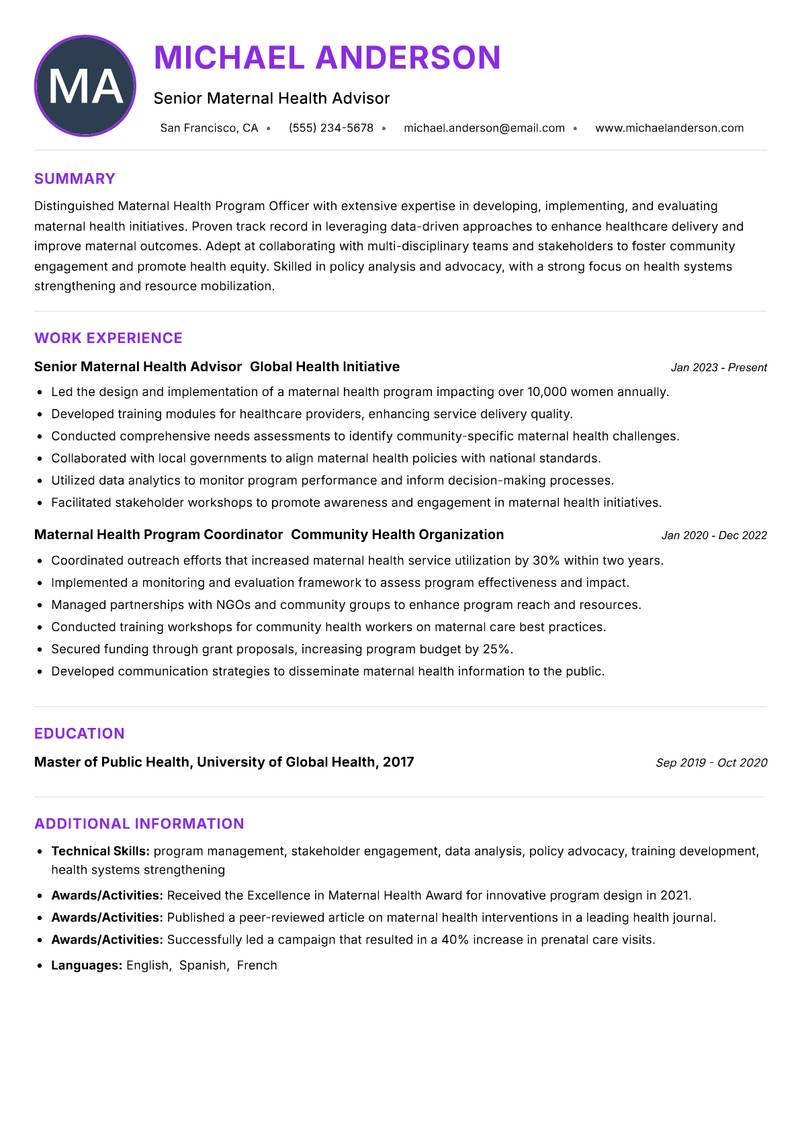 Maternal Health Program Officer resume example