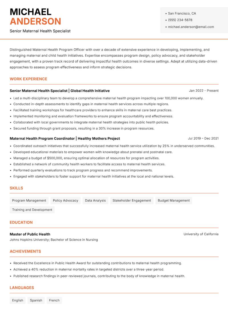 Maternal Health Program Officer resume sample — Senior Maternal Health Specialist focus