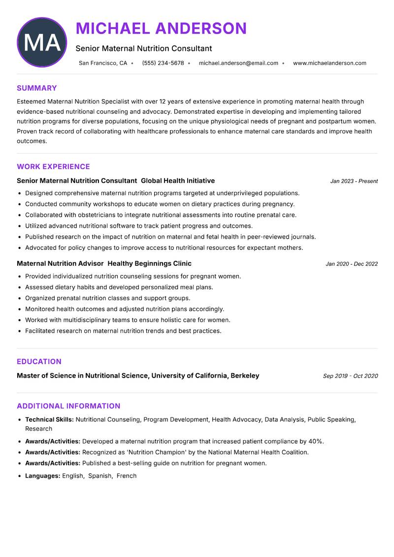 Maternal Nutrition Specialist resume example