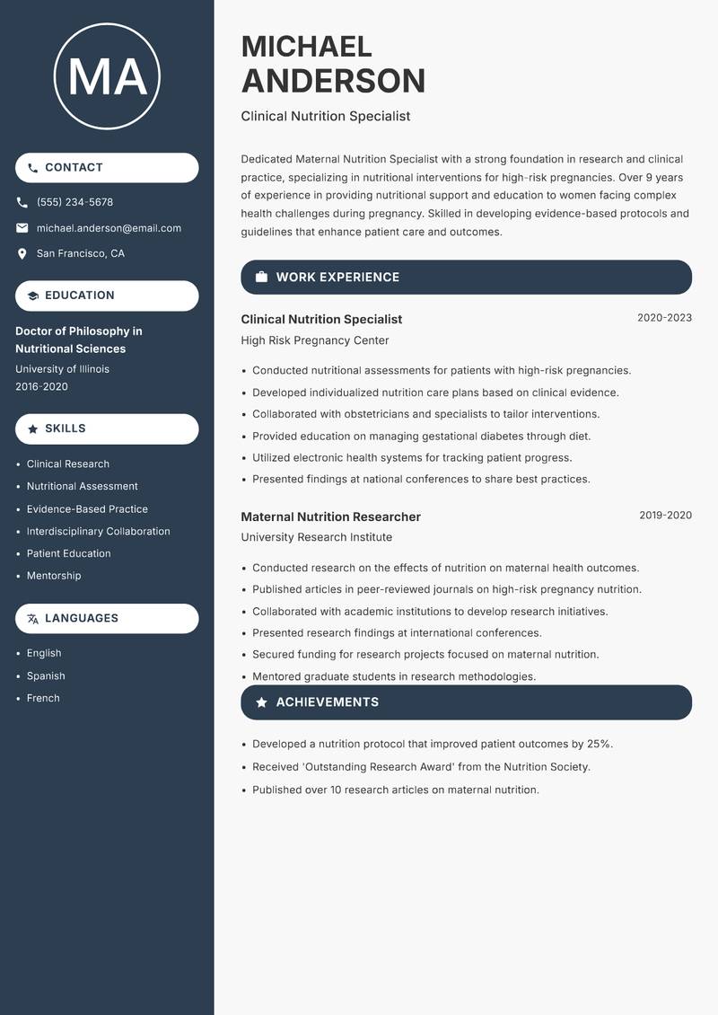 Maternal Nutrition Specialist resume sample — Clinical Nutrition Specialist focus