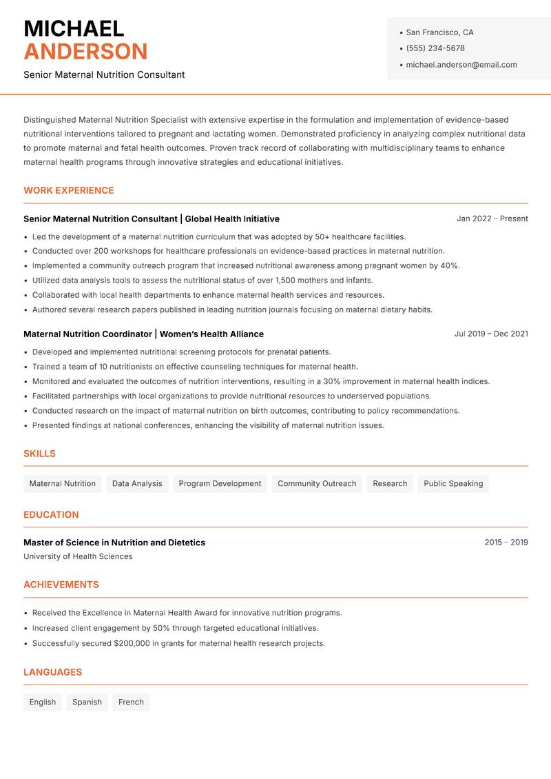 Maternal Nutrition Specialist resume sample — Senior Maternal Nutrition Consultant focus
