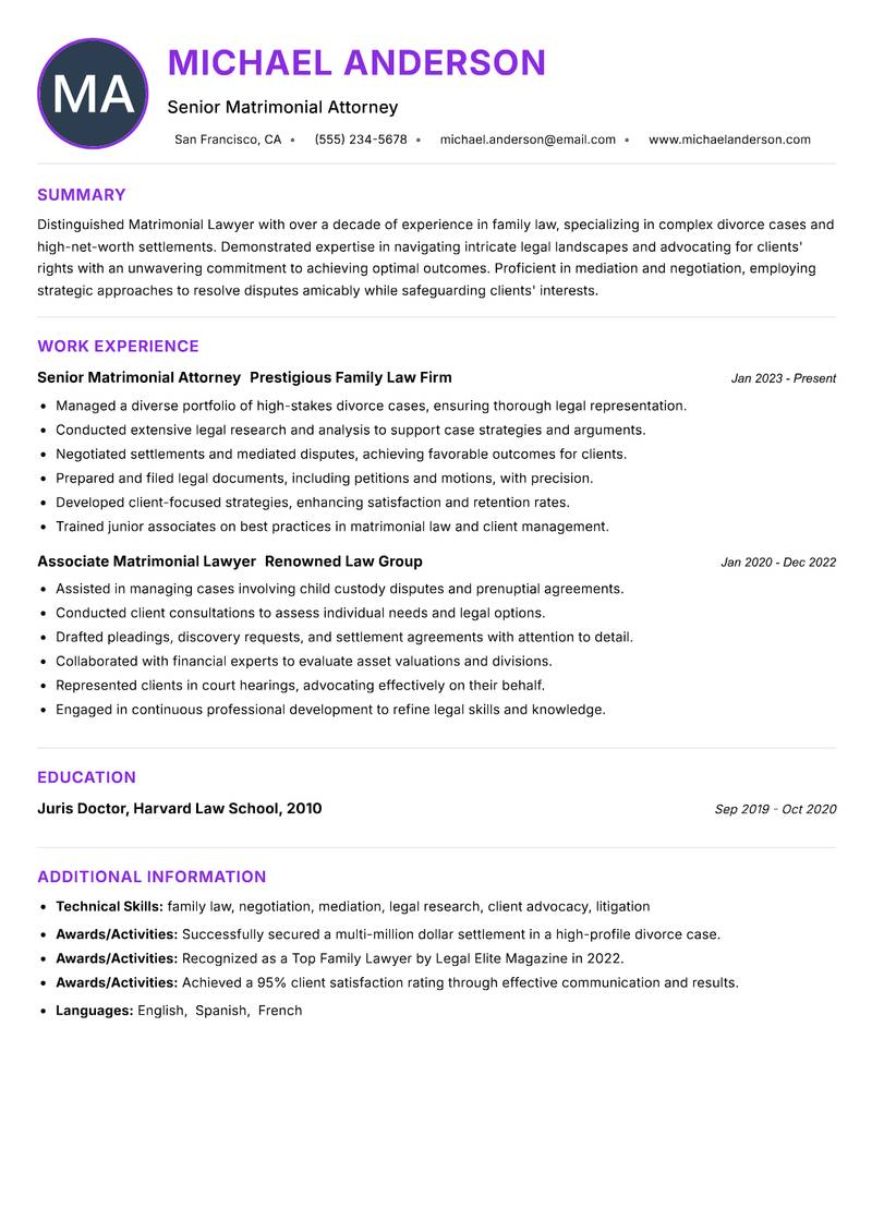 Matrimonial Lawyer resume example