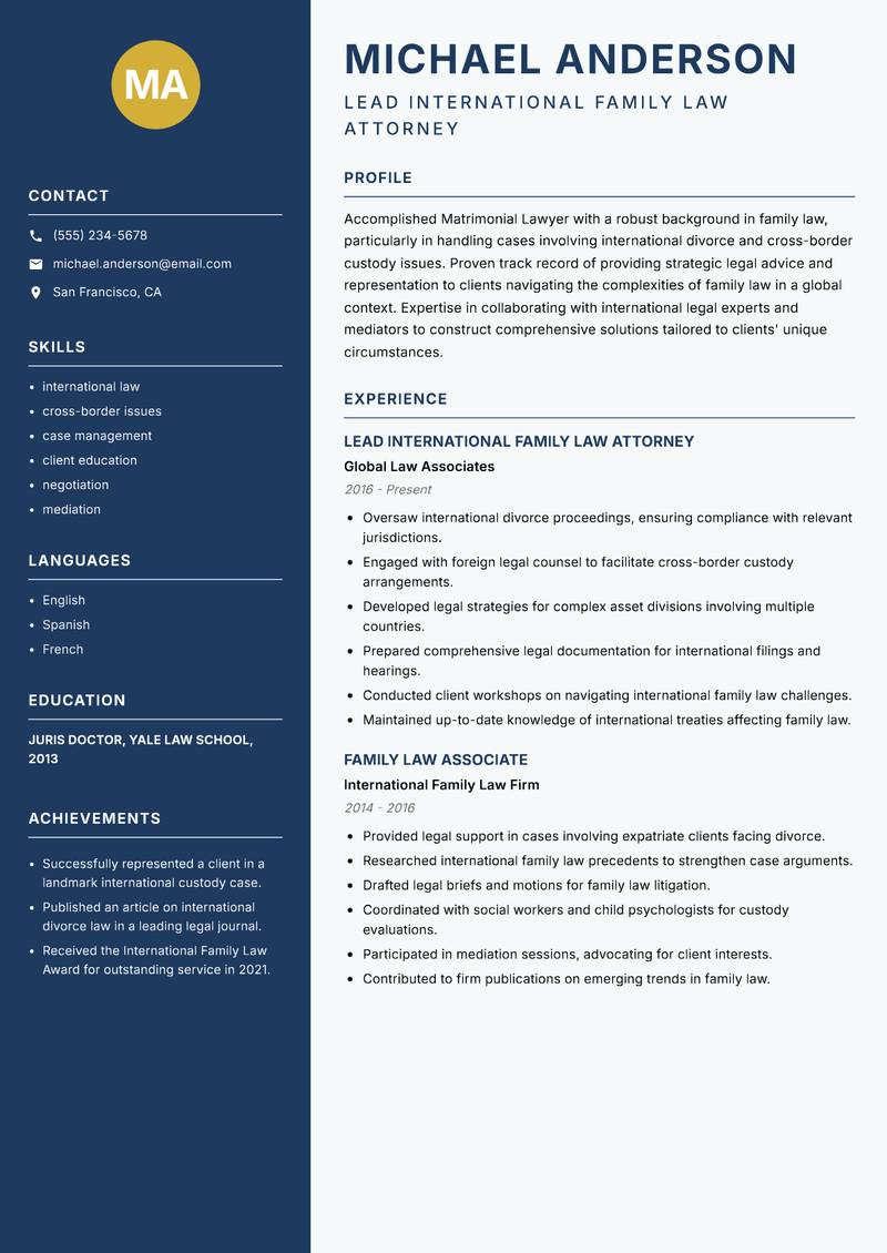 Matrimonial Lawyer resume sample — Lead International Family Law Attorney focus