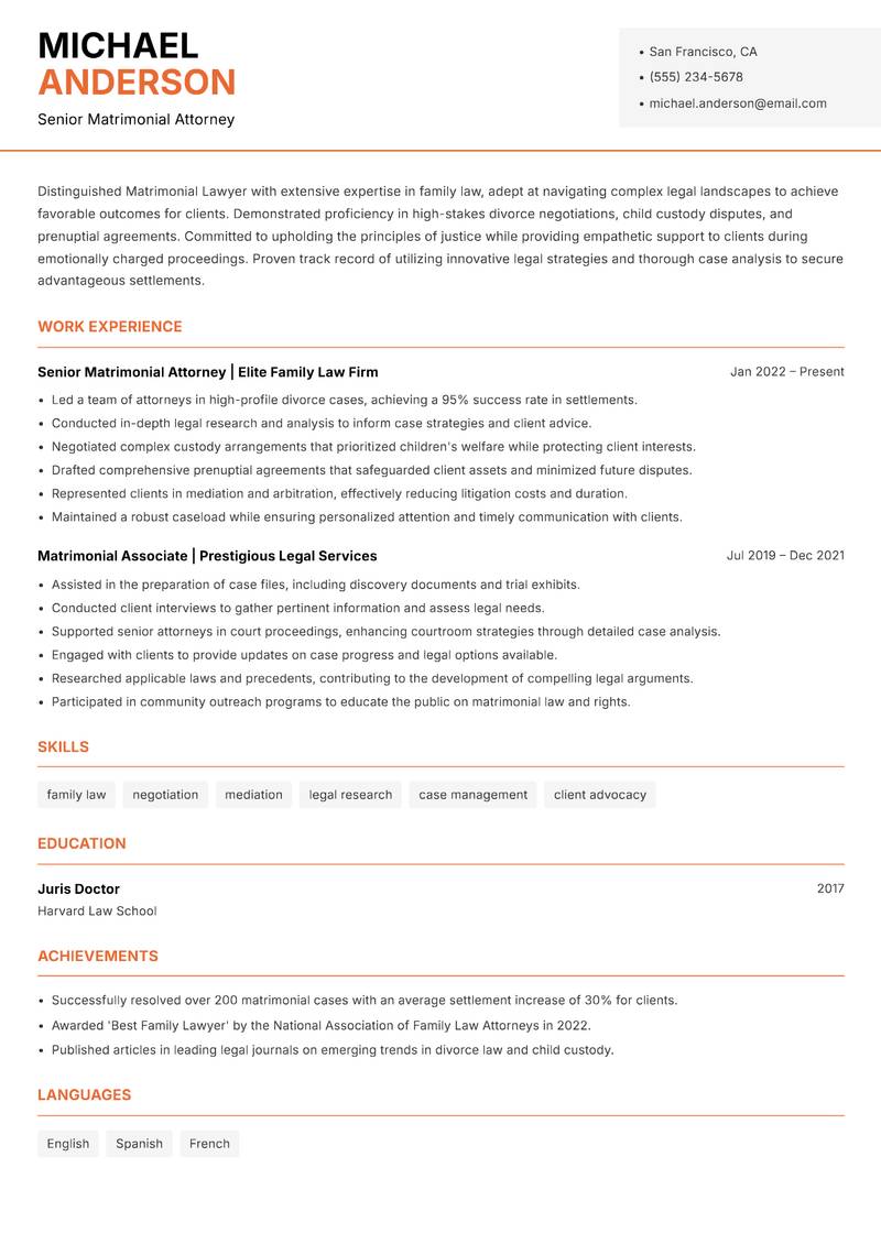 Matrimonial Lawyer resume sample — Senior Matrimonial Attorney focus