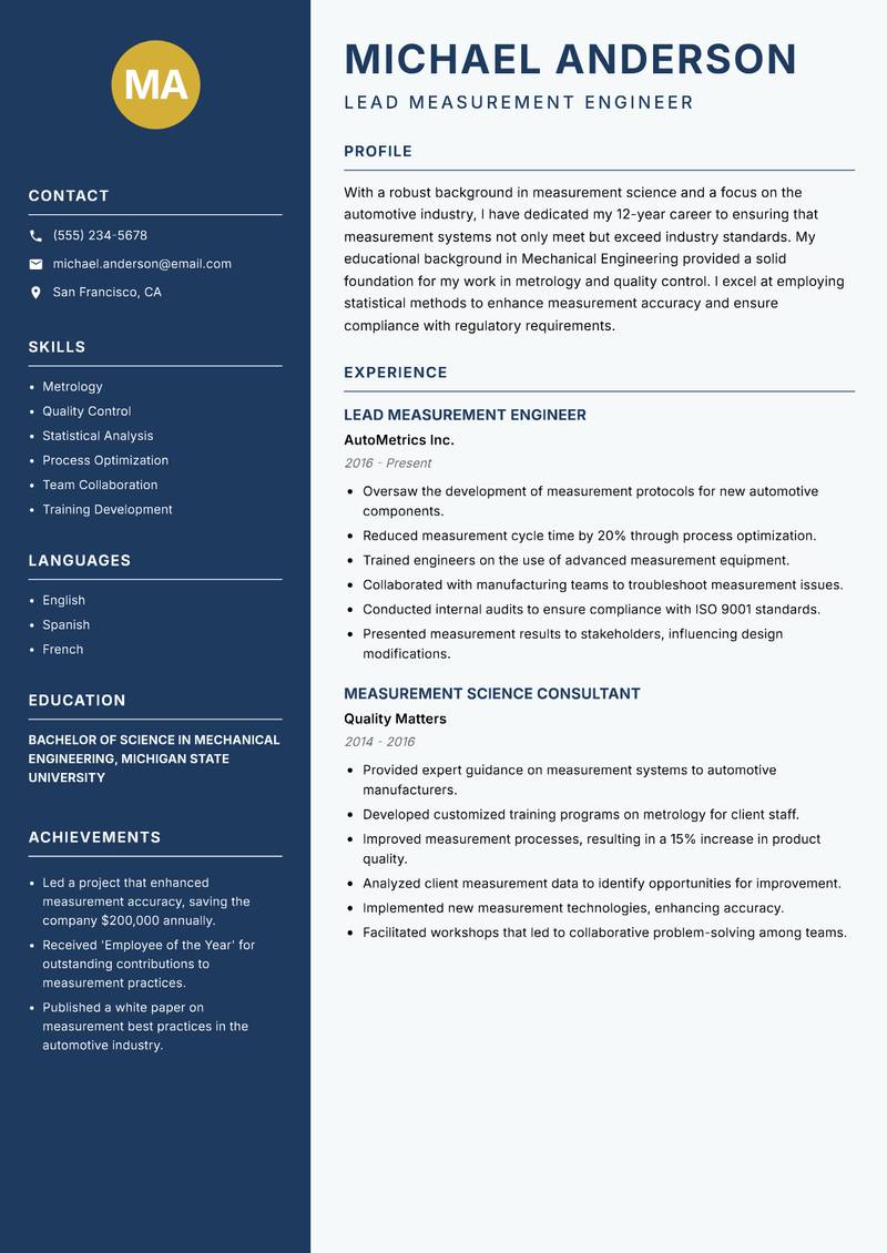 Measurement Science Specialist resume sample — Lead Measurement Engineer focus