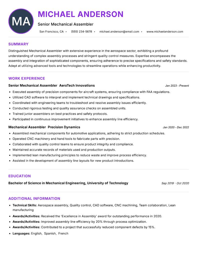 Mechanical Assembler resume example