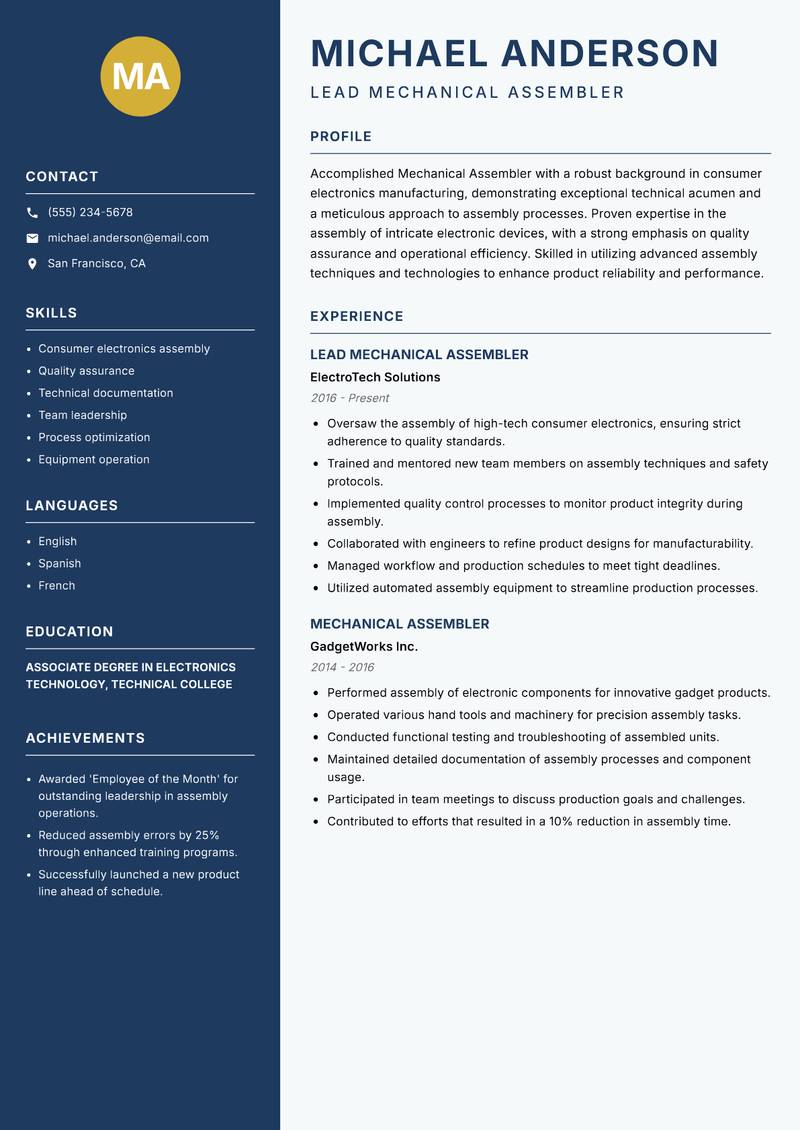 Mechanical Assembler resume sample — Lead Mechanical Assembler focus