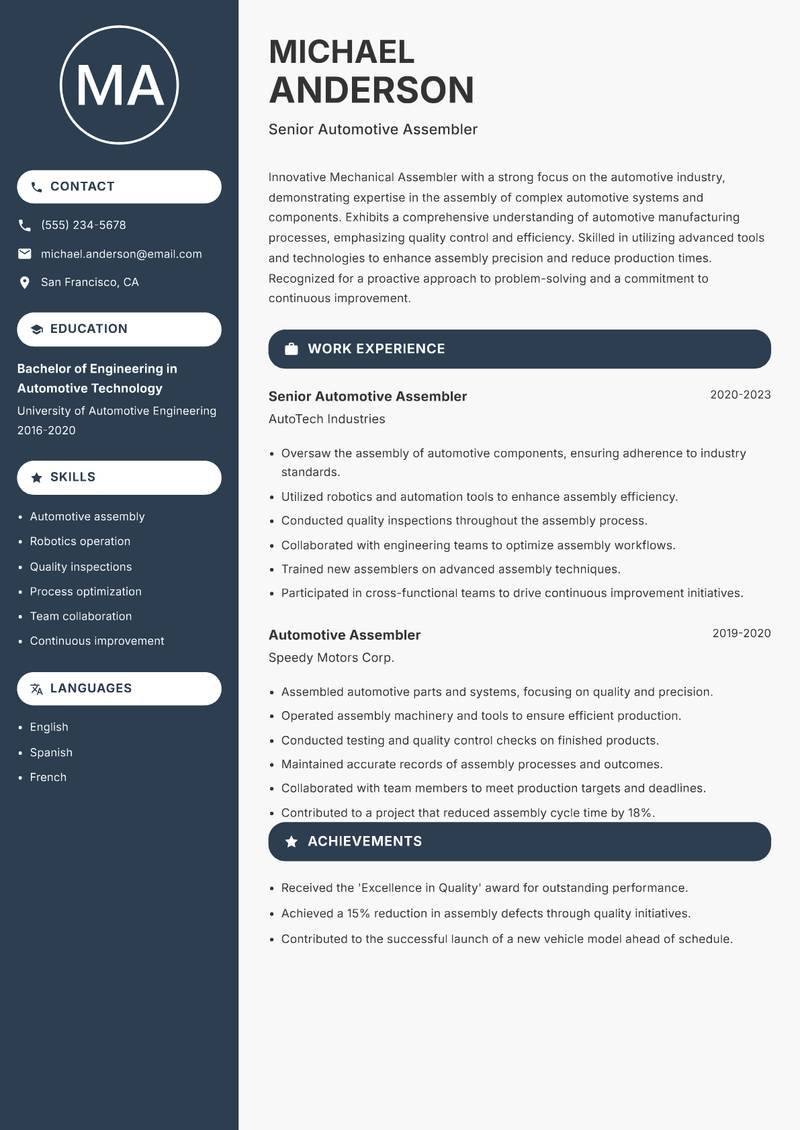 Mechanical Assembler resume sample — Senior Automotive Assembler focus