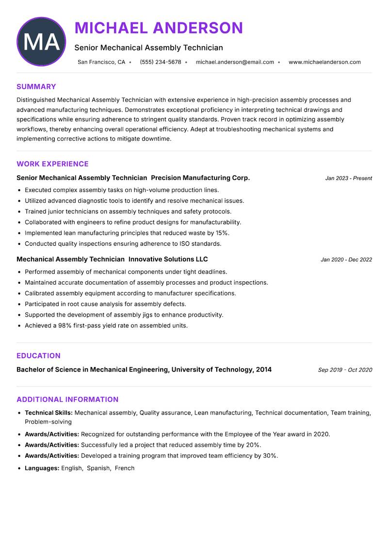 Mechanical Assembly Technician resume example