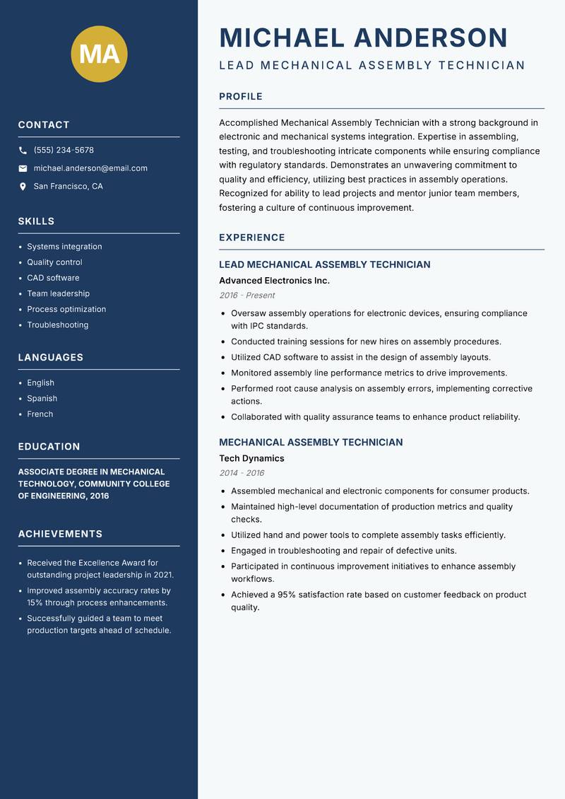 Mechanical Assembly Technician resume sample — Lead Mechanical Assembly Technician focus