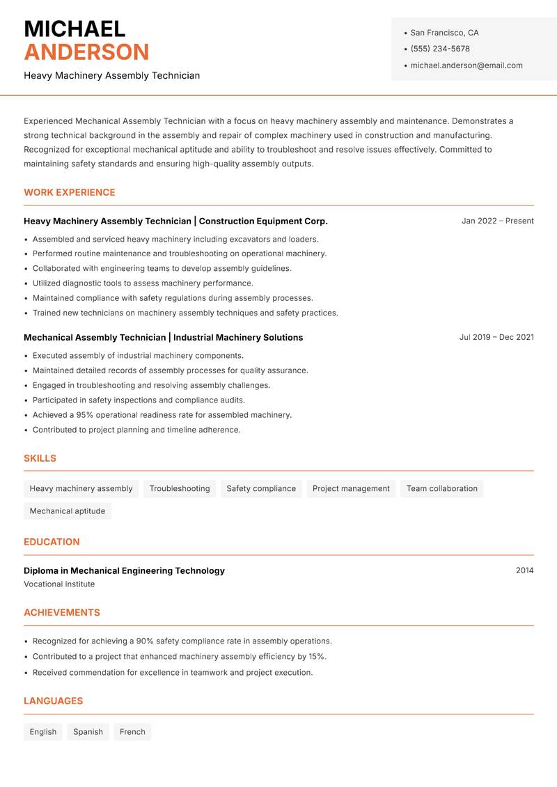 Mechanical Assembly Technician resume sample — Heavy Machinery Assembly Technician focus