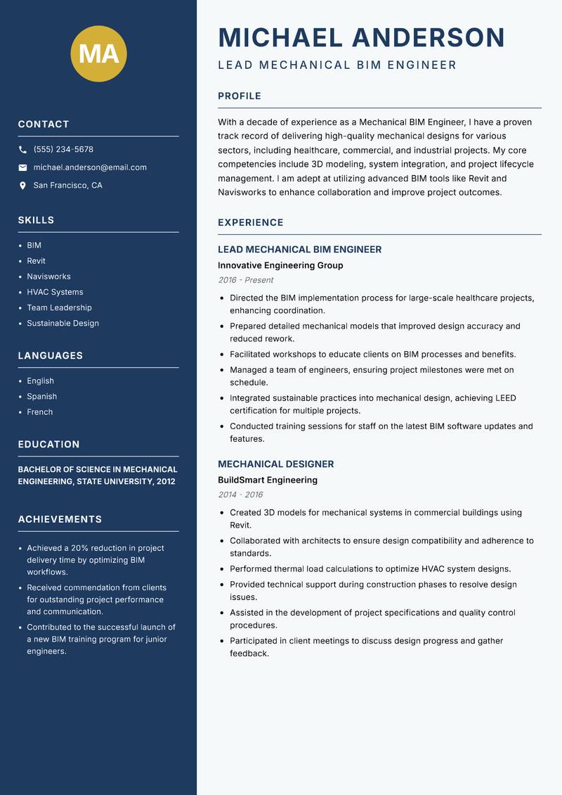 Mechanical BIM Engineer resume sample — Lead Mechanical BIM Engineer focus