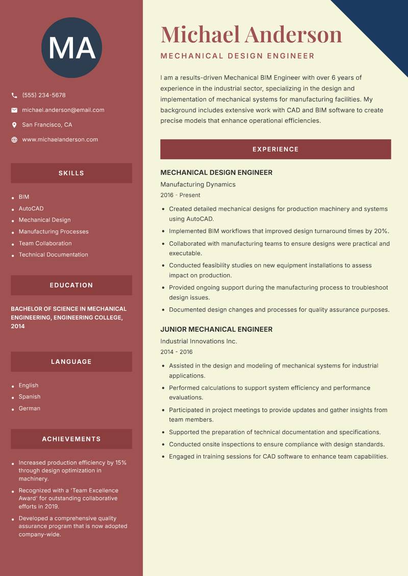 Mechanical BIM Engineer resume sample — Mechanical Design Engineer focus