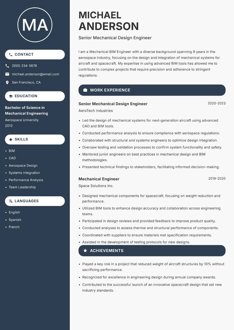 Mechanical BIM Engineer resume sample — Senior Mechanical Design Engineer focus