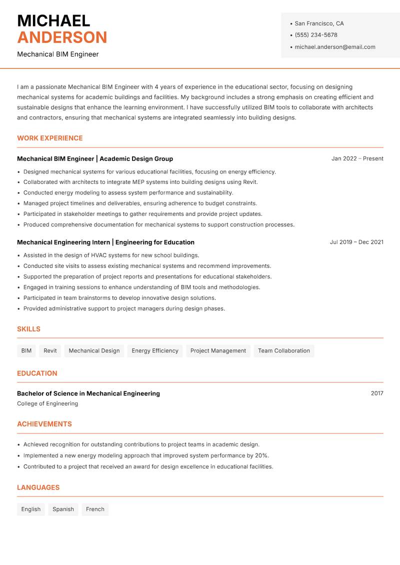 Mechanical BIM Engineer resume sample — Mechanical BIM Engineer focus