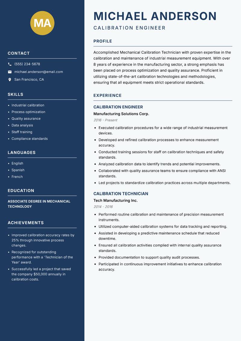 Mechanical Calibration Technician resume sample — Calibration Engineer focus