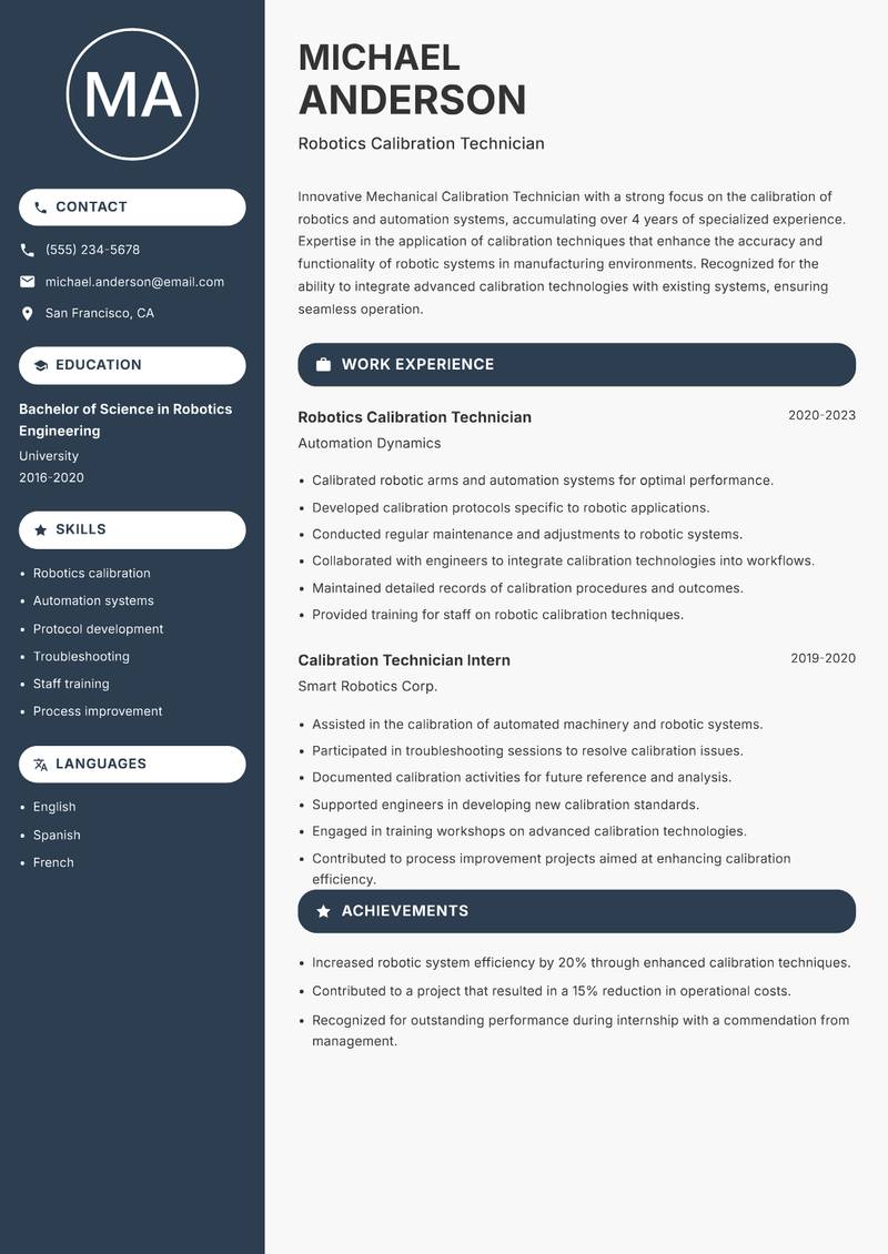 Mechanical Calibration Technician resume sample — Robotics Calibration Technician focus