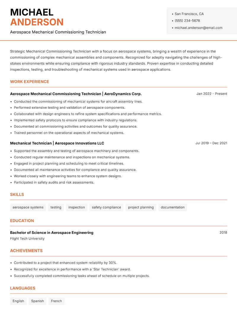 Mechanical Commissioning Technician resume sample — Aerospace Mechanical Commissioning Technician focus