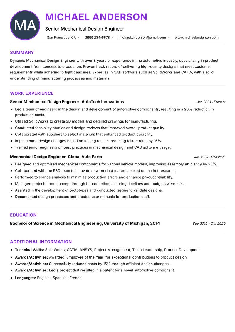 Mechanical Design Engineer resume example