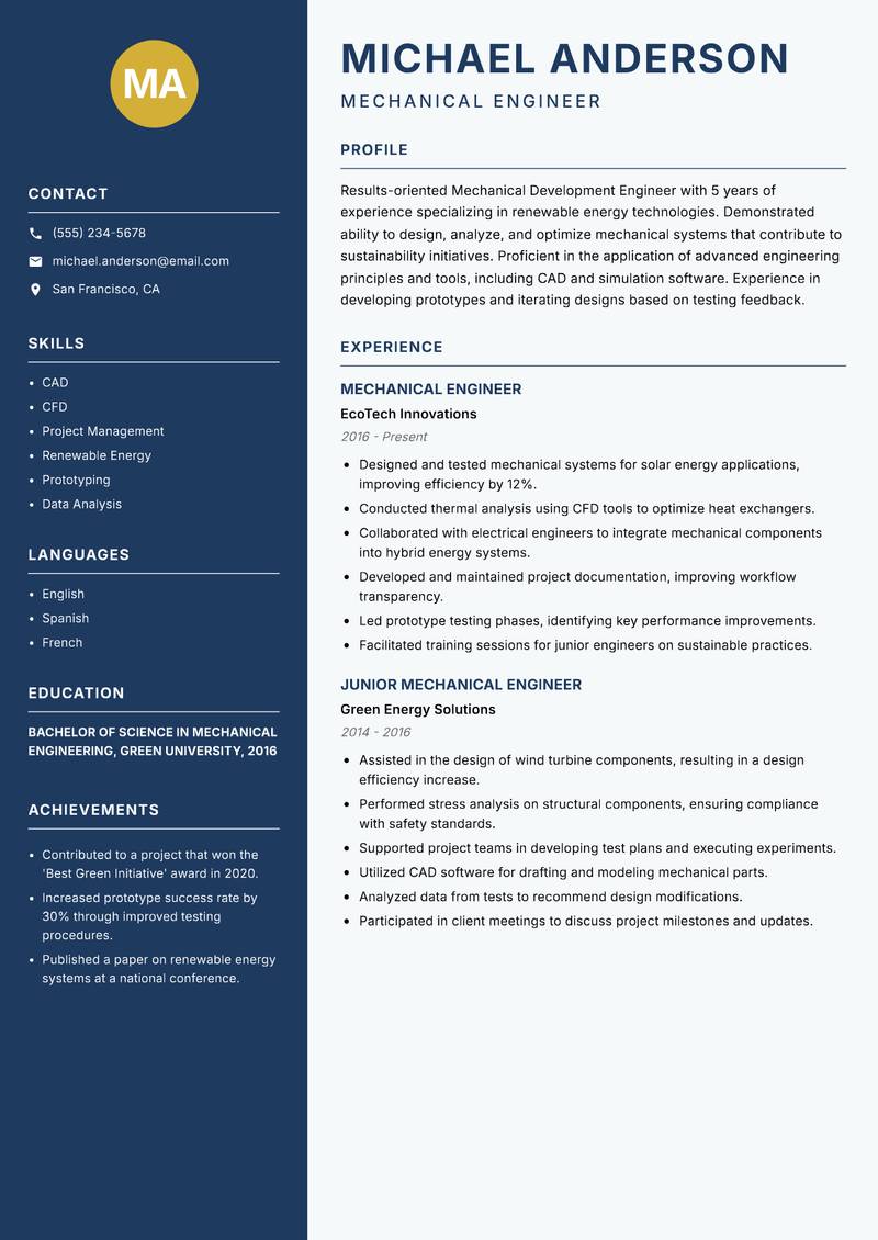 Mechanical Development Engineer resume sample — Mechanical Engineer focus