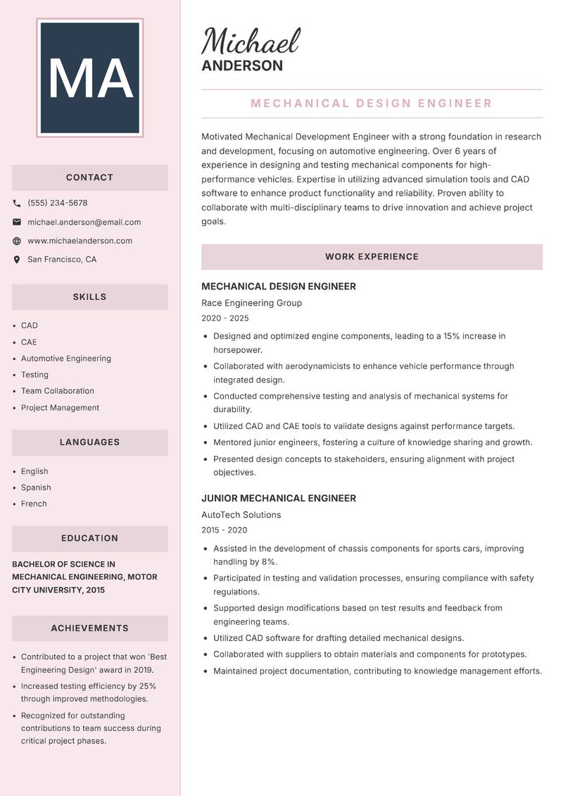 Mechanical Development Engineer resume sample — Mechanical Design Engineer focus