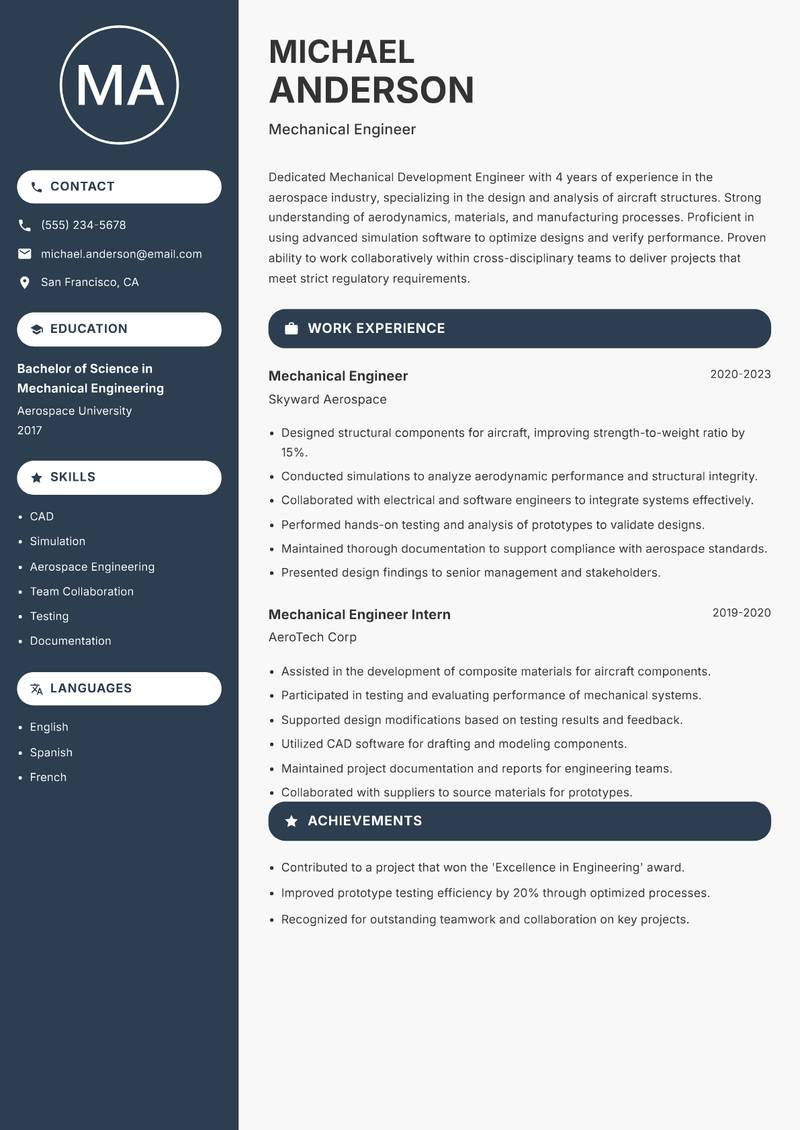 Mechanical Development Engineer resume sample — Mechanical Engineer focus